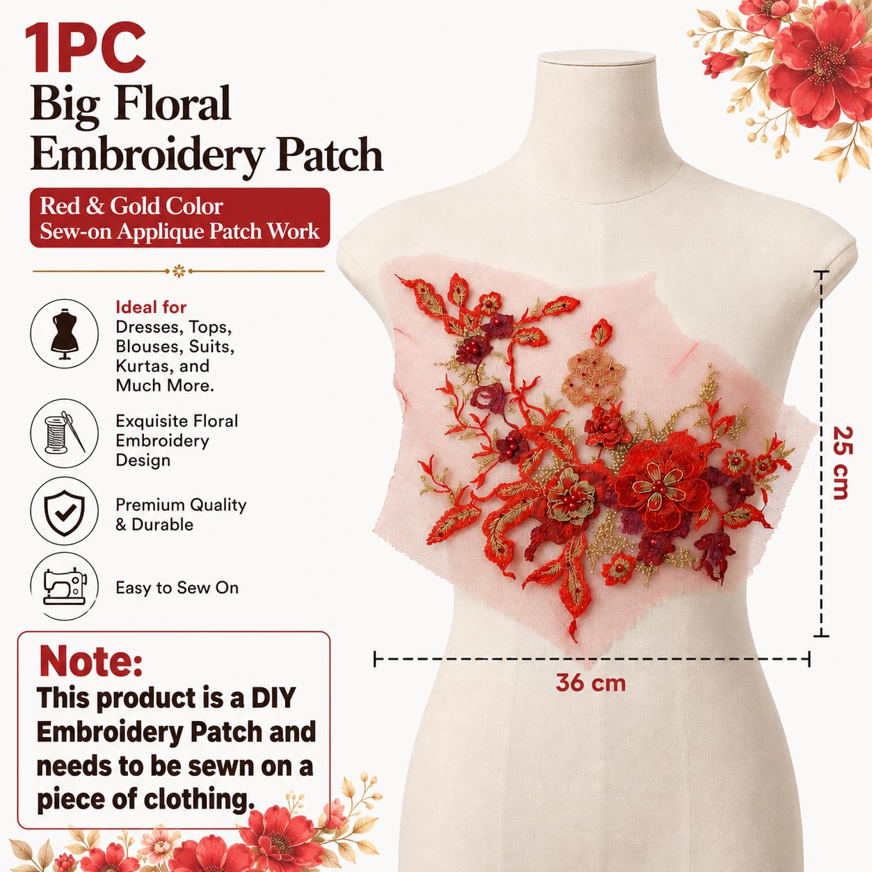 S.A.V.I Floral Embroidery Patch Sew-On Applique Red & Gold DIY|36 x 25 cm Mesh Lace Motif for Dresses, Kurtas, Blouses & Tops, Hand Stitch Embellishment for Women