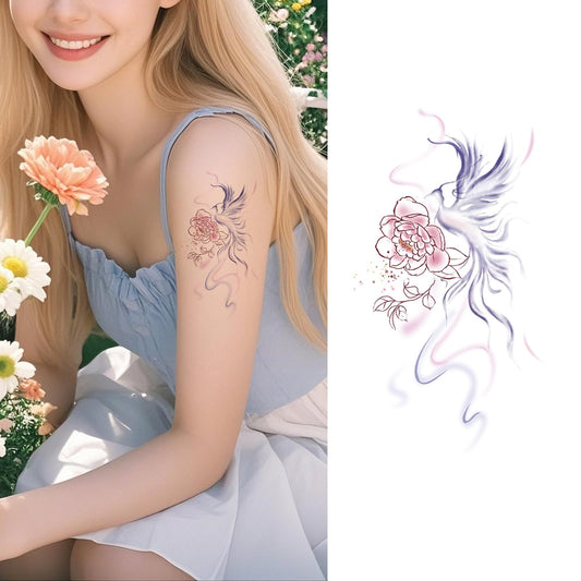 S.A.V.I Floral Phoenix & Peony Temporary Tattoo Sticker for Women & Girls | 1 Pc Waterproof, Long-Lasting Body Art (12x7.6 cm) | Safe, Non-Toxic, Skin-Friendly Pink-Purple Design (50)