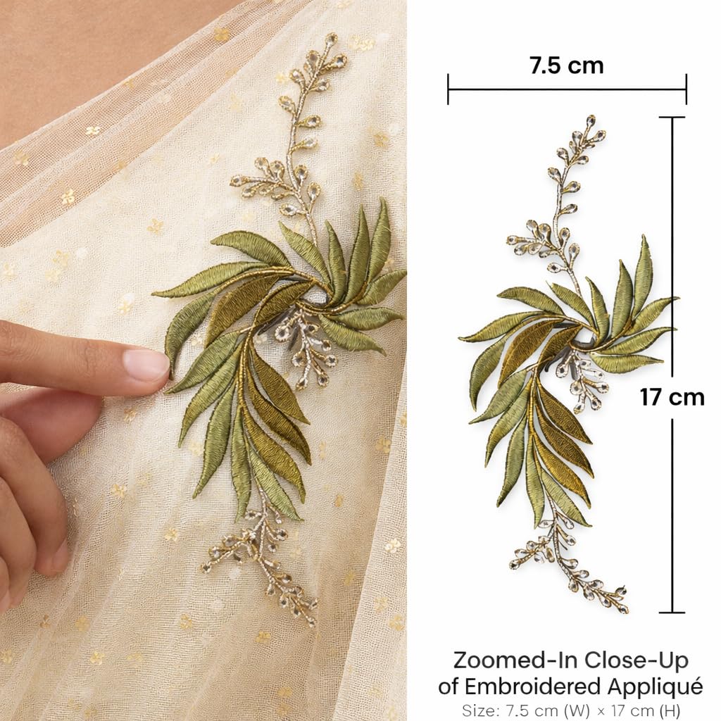 S.A.V.I Green & Silver Floral Iron-On Embroidered Appliqué Patch 7.5 x 17 cm | Leaf Motif Threadwork Design for Dresses, Sarees, Blouses & DIY Fabric Craft (Left, Green, 7.5 x 17 cm)
