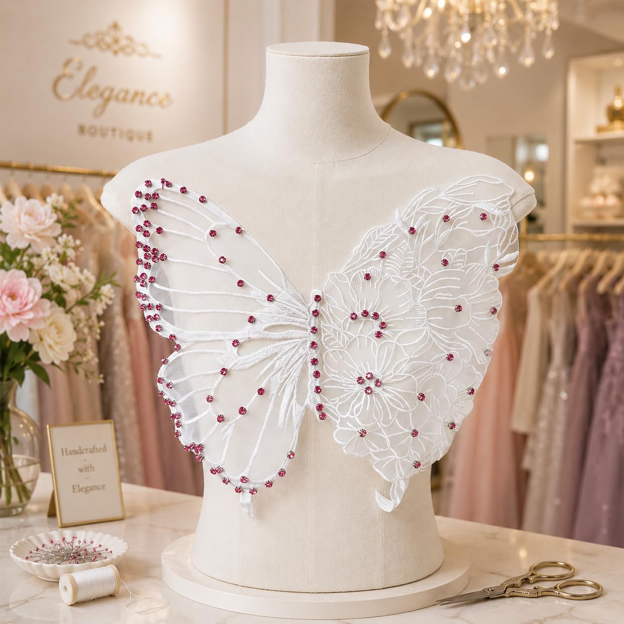 S.A.V.I Butterfly Floral Embroidery Sew-On Rhinestones White Patch 35x32cm|Ultra Thin Floral Lace Design for Kaftan, Dress, Blouse & Tops, Lightweight Decorative Craft Embellishment for Women