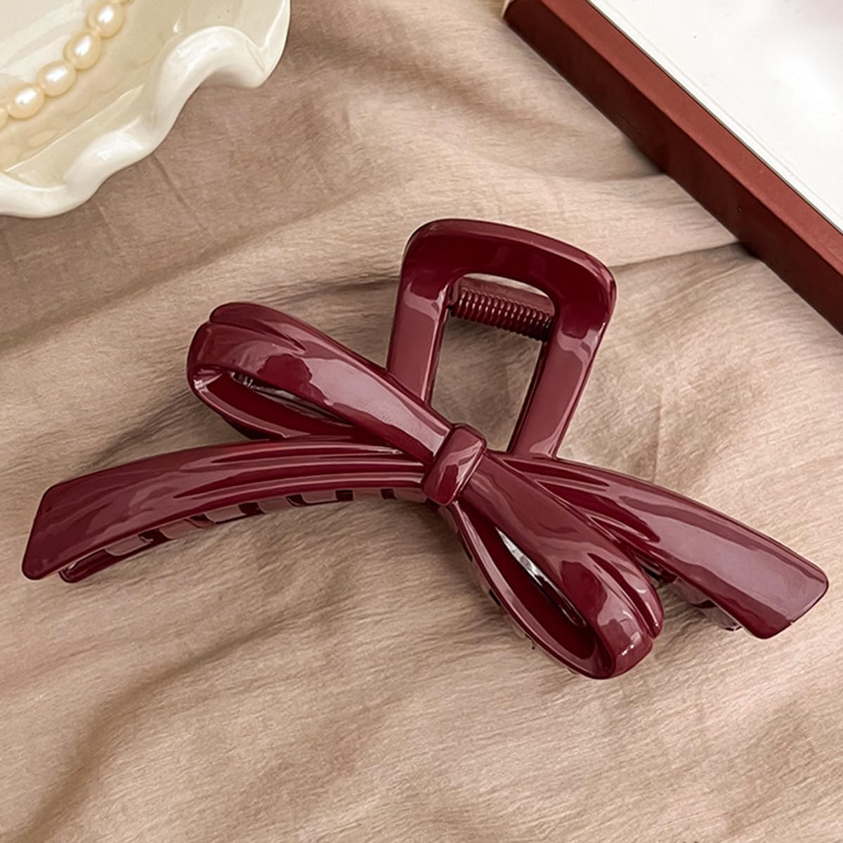 S.A.V.I Maroon Bow Hair Claw Clip 13 cm | Large Glossy Acrylic Clutcher for Women | Strong Hold Grip for Thick Hair | Stylish Everyday Party Hair Accessory