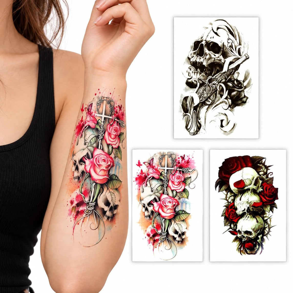 S.A.V.I Temporary Tattoo Stickers Skull Rose, 3 Sheets, 15x21 cm