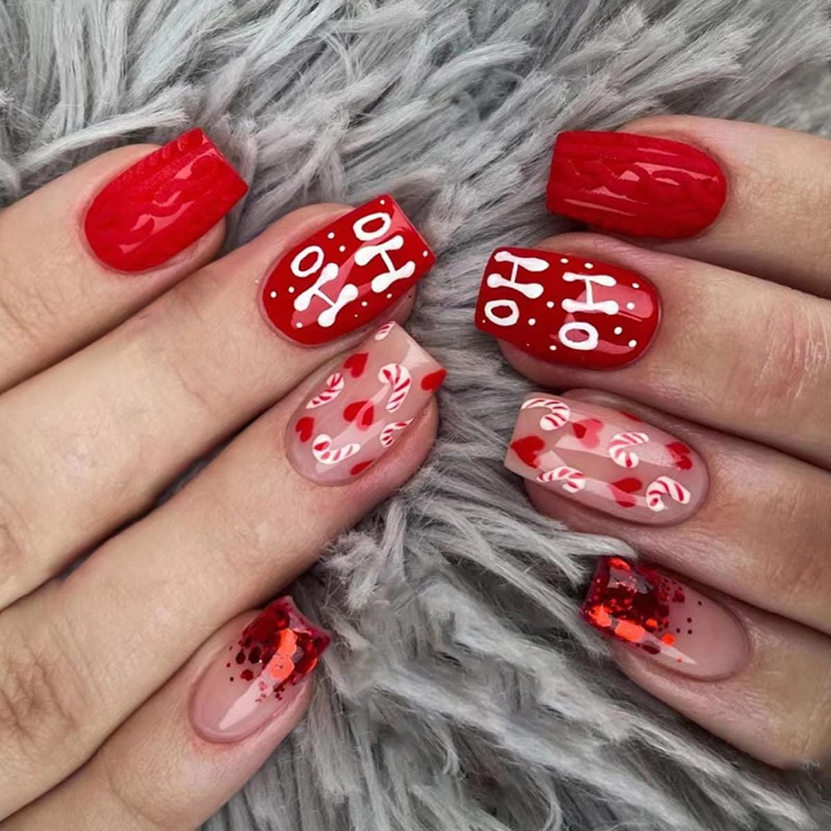 S.A.V.I 24 Pcs Christmas Red & Nude Press On Nails, Medium Square Glossy Acrylic Fake Nails with Candy Cane & Ho Ho Art, Reusable Set with Glue & Adhesive Tabs