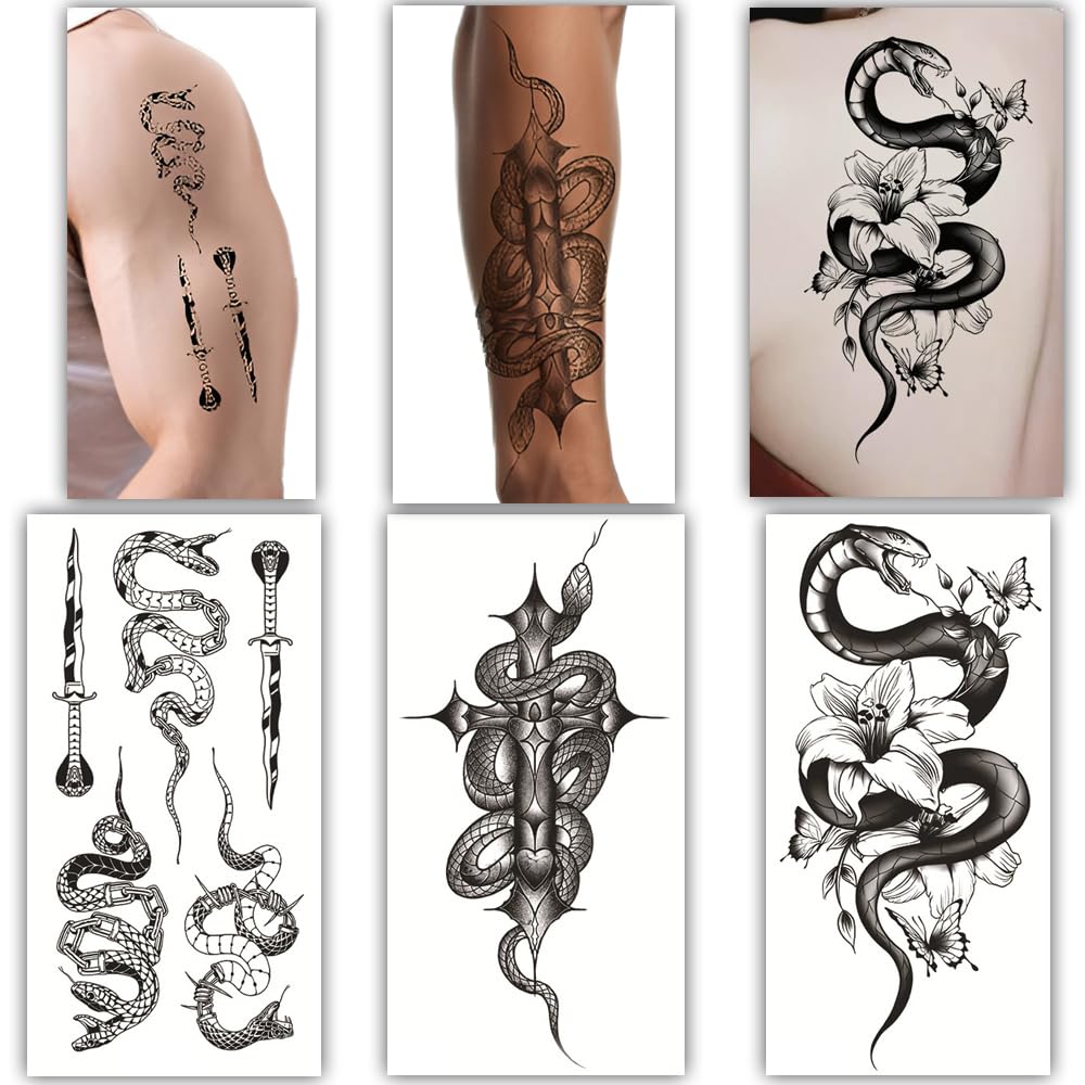 S.A.V.I 3 Pcs Large Snake Design Temporary Tattoo Sheets – Black Waterproof & Long Lasting Body Art Stickers for Men & Women, 21x10cm, Safe & Non-Toxic Realistic Fake Tattoos