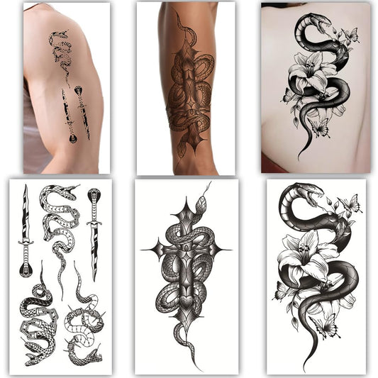S.A.V.I 3 Pcs Large Snake Design Temporary Tattoo Sheets – Black Waterproof & Long Lasting Body Art Stickers for Men & Women, 21x10cm, Safe & Non-Toxic Realistic Fake Tattoos