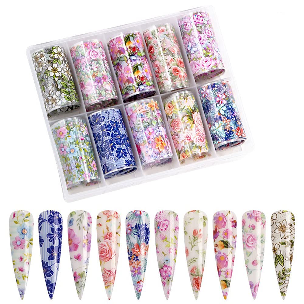 S.A.V.I 10 Rolls Nail Foil Transfer Sticker DIY Holographic Nail Decoration, 10 Designs Colorful Mix Flower Pattern Nail Foil Wraps Decal