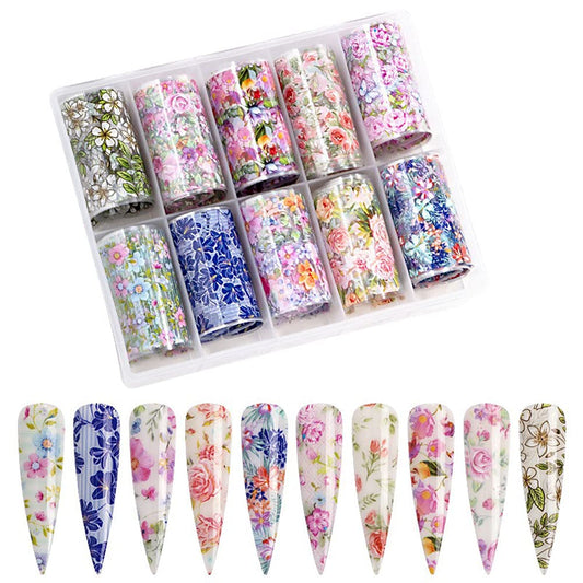 S.A.V.I 10 Rolls Nail Foil Transfer Sticker DIY Holographic Nail Decoration, 10 Designs Colorful Mix Flower Pattern Nail Foil Wraps Decal