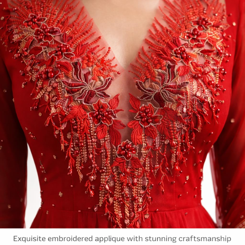 S.A.V.I Red Floral Embroidered Net Applique Patch 28 x 55 cm | V-Neck Lace Motif with Beads & Thread Work for Bridal Lehenga Gown Blouse Decoration (Red)