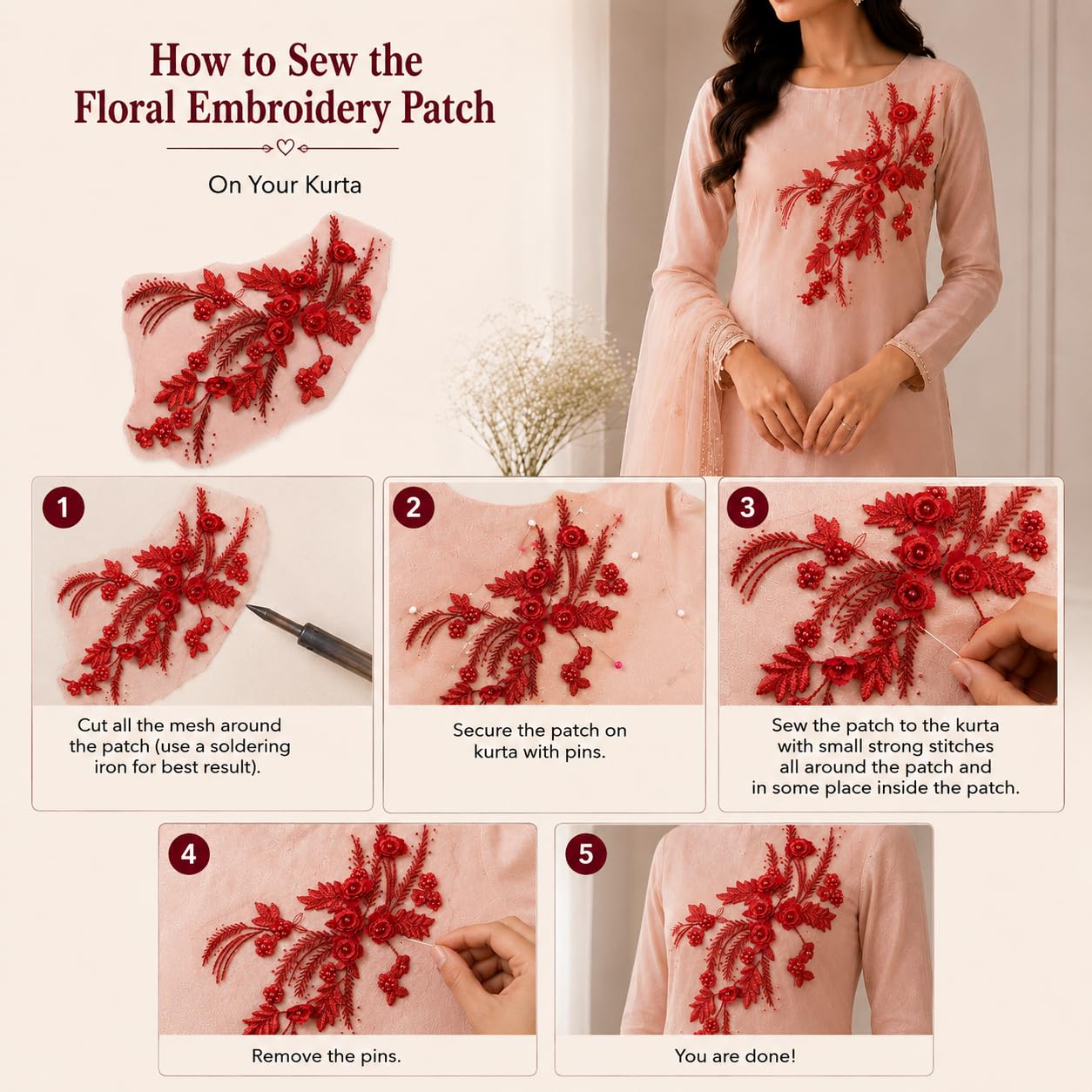 S.A.V.I Red Floral Embroidery Patch Sew-On Applique Kurti Blouse|3D Pearl Lace Motif 34x24 cm for Dresses, Gowns, Tops, DIY Craft & Custom Fashion