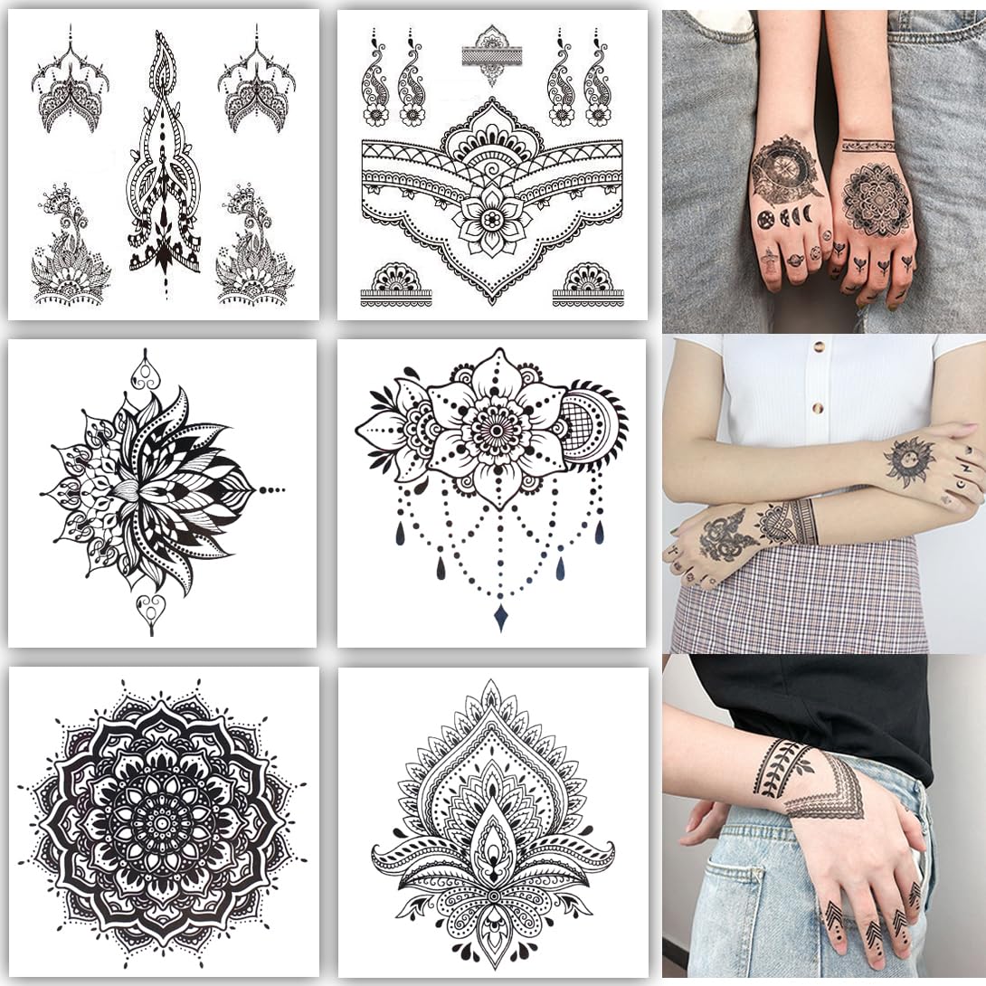 S.A.V.I 6 Sheet Black Heena Style Temporary Tattoo for Women & Girls | Waterproof Mehndi Body Art Stickers | Safe Non-Toxic | Indian Intricate Designs for Hands, Arms, Fingers (8x7.5 cm) (3)