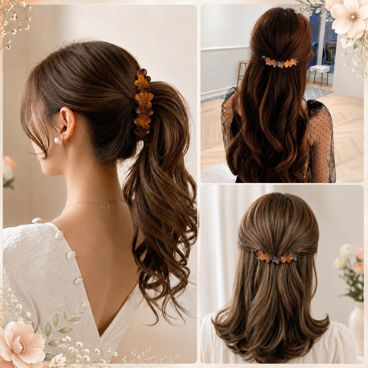 S.A.V.I Banana Hair Clip Floral Barrette for Women, Brown 10 cm | Acetate Material, Secure Lightweight Grip, Office & Party, Ponytail & Half-Up Styles, Daily