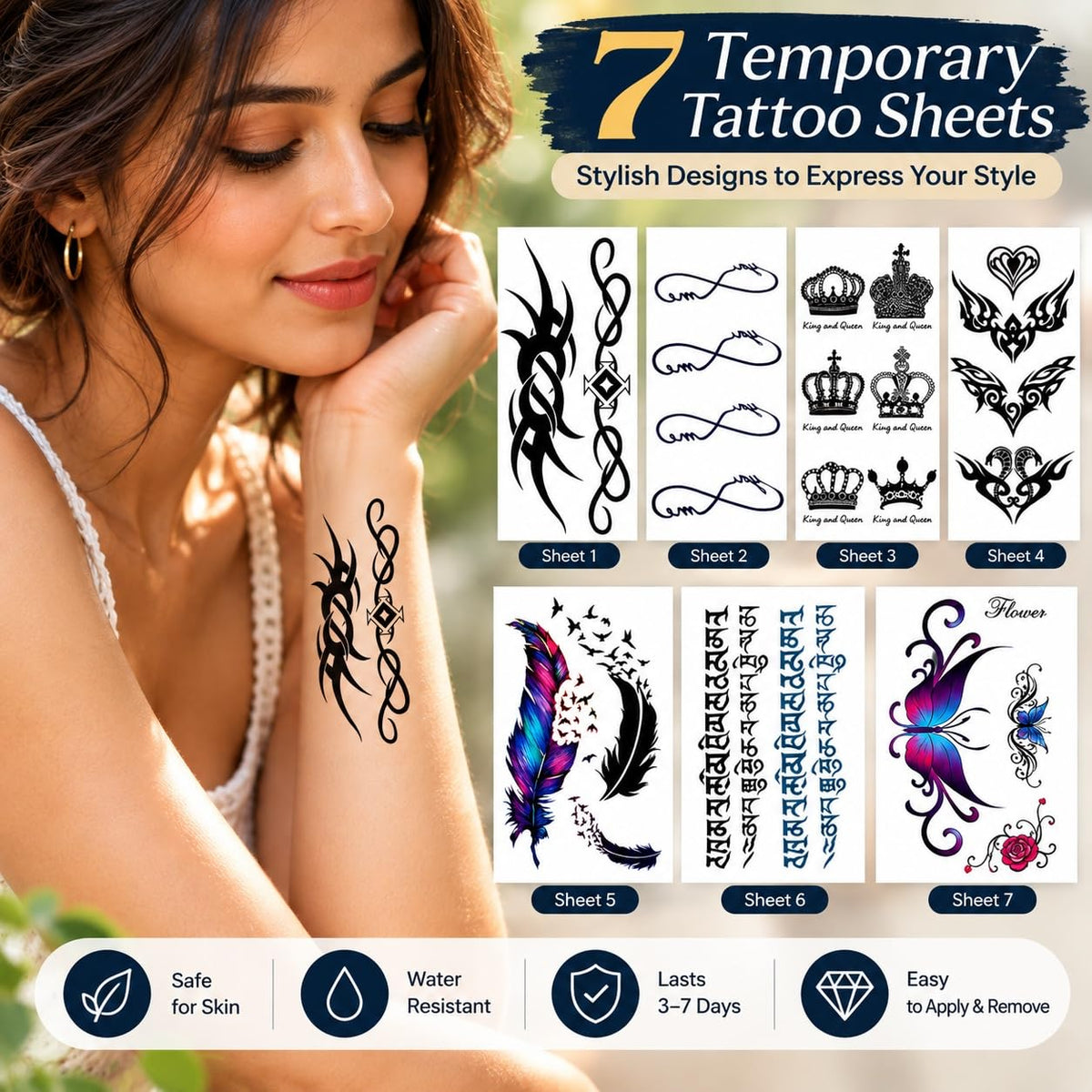 S.A.V.I Temporary Tattoo Stickers for Women, Multicolour, 7 Sheets