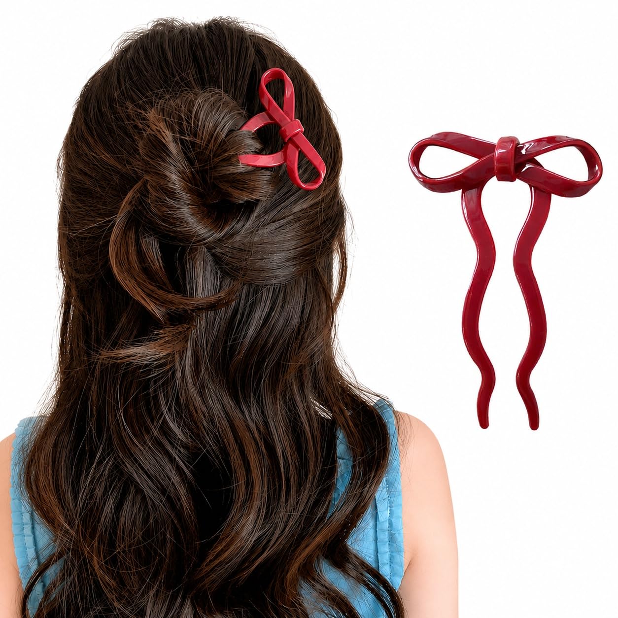 S.A.V.I French Hair Pin Bow Bun Stick for Women 11cm Red | Resin Material, Lightweight, Secure Hold, Half & Full Updos, For Girls & Women