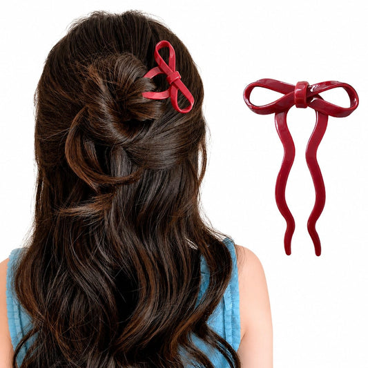 S.A.V.I French Hair Pin Bow Bun Stick for Women 11cm Red | Resin Material, Lightweight, Secure Hold, Half & Full Updos, For Girls & Women