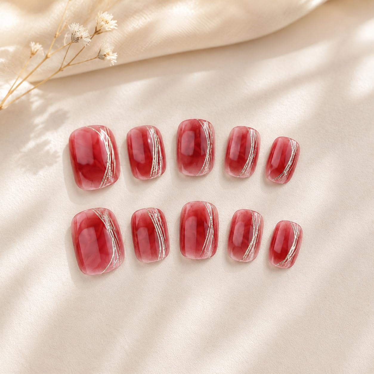S.A.V.I Press on Nails Coral Red Short Natural Shape, 30 Pcs