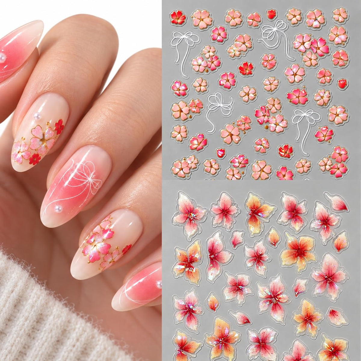 S.A.V.I 3D Floral Nail Art Stickers Self Adhesive Decals 2 Sheets | Pink Cherry Blossom, Raised Texture, DIY Manicure, 7 x 9 cm, Women & Girls