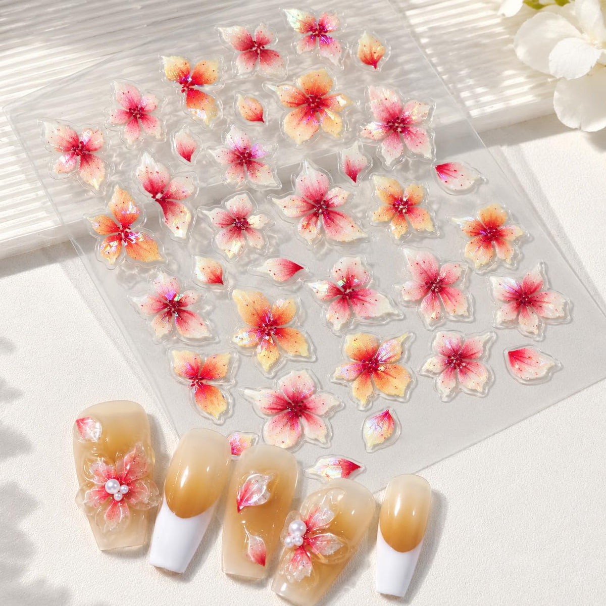 S.A.V.I 3D Floral Nail Art Stickers Self Adhesive Decals 2 Sheets | Pink Cherry Blossom, Raised Texture, DIY Manicure, 7 x 9 cm, Women & Girls