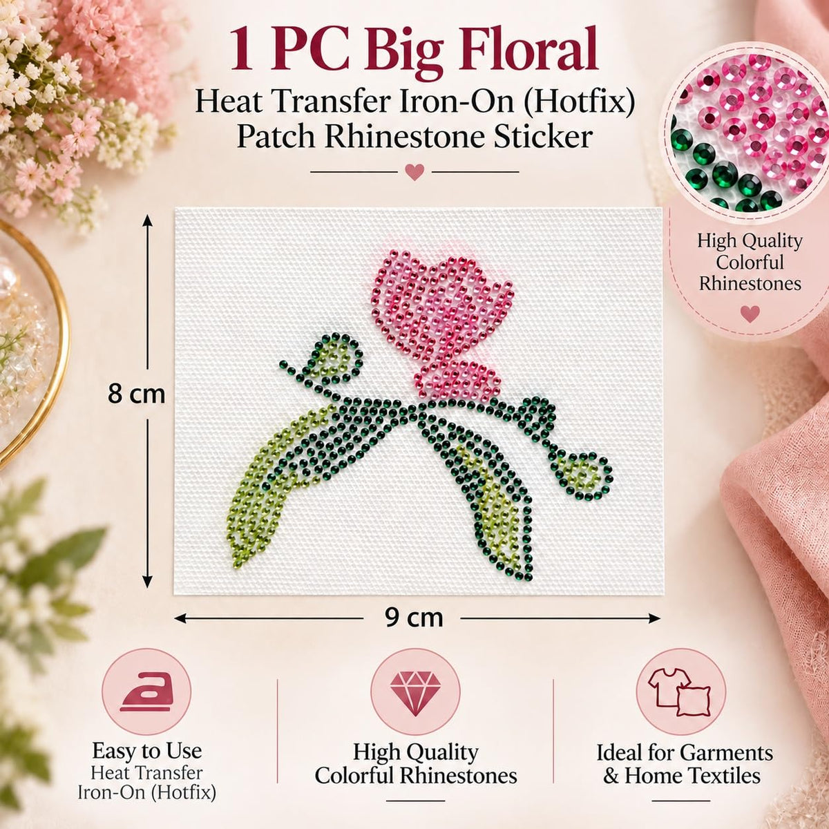 S.A.V.I Rhinestone Iron on Patch Pink & Green Rose Design 9x8 cm