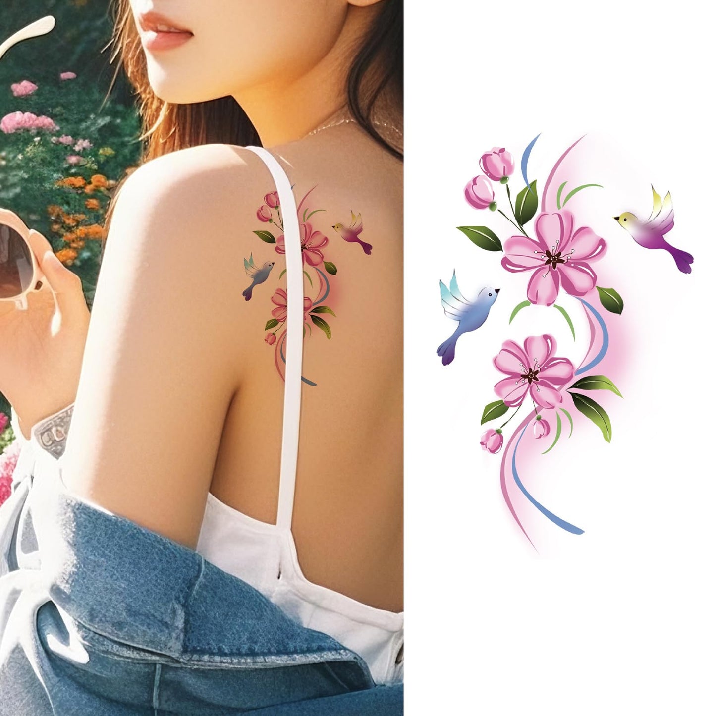 S.A.V.I Waterproof Floral Hummingbird Temporary Tattoo Sticker – Large 12 x 7.6 cm Pink Blossom Body Art Decal for Arm Shoulder Back Women Girls – Safe Non-Toxic Skin-Friendly – 1 Pc (53)