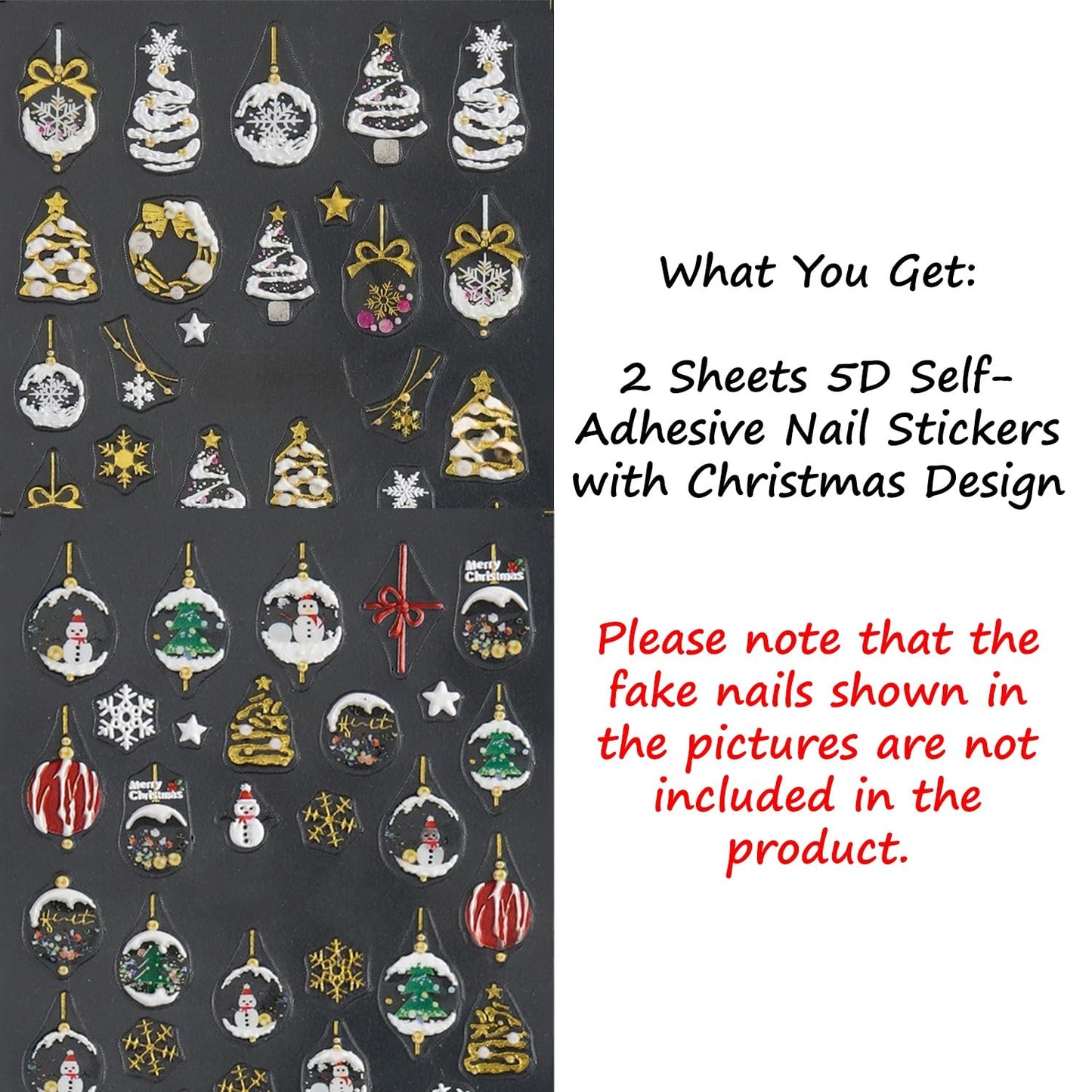 S.A.V.I 2 Sheets - 3D Christmas Nail Art Stickers Self-Adhesive Resin Decals in Gold White Red Green, Snowman Tree Bauble Designs, Festive DIY Manicure Decor for Women