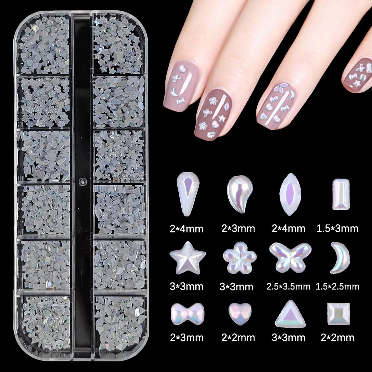 S.A.V.I Pearl White AB Resin Nail Art Rhinestones Set | Flat Back Mixed Shapes Star Heart Moon Flower Triangle | 1.5–4mm Sizes | 12 Grid Storage Box | DIY Nail Decoration Kit