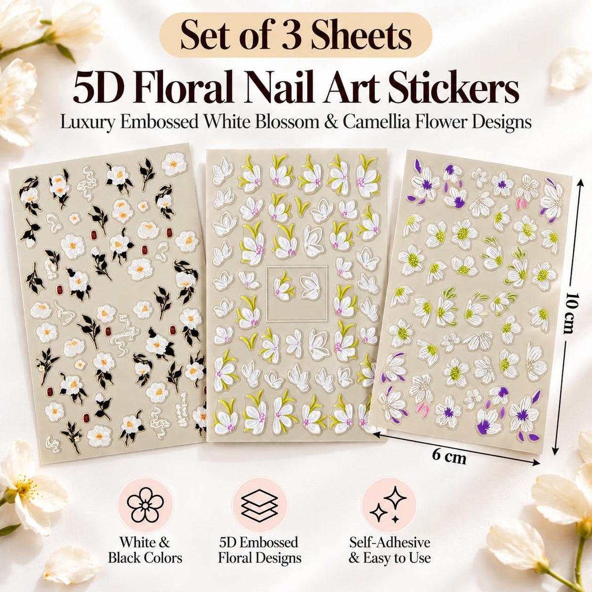 S.A.V.I 5D Floral Nail Art Stickers Self Adhesive 3D Flower Decals | Set of 3 Sheets, Embossed Patterns, Black Accents, 6 x 10 cm, DIY Manicure