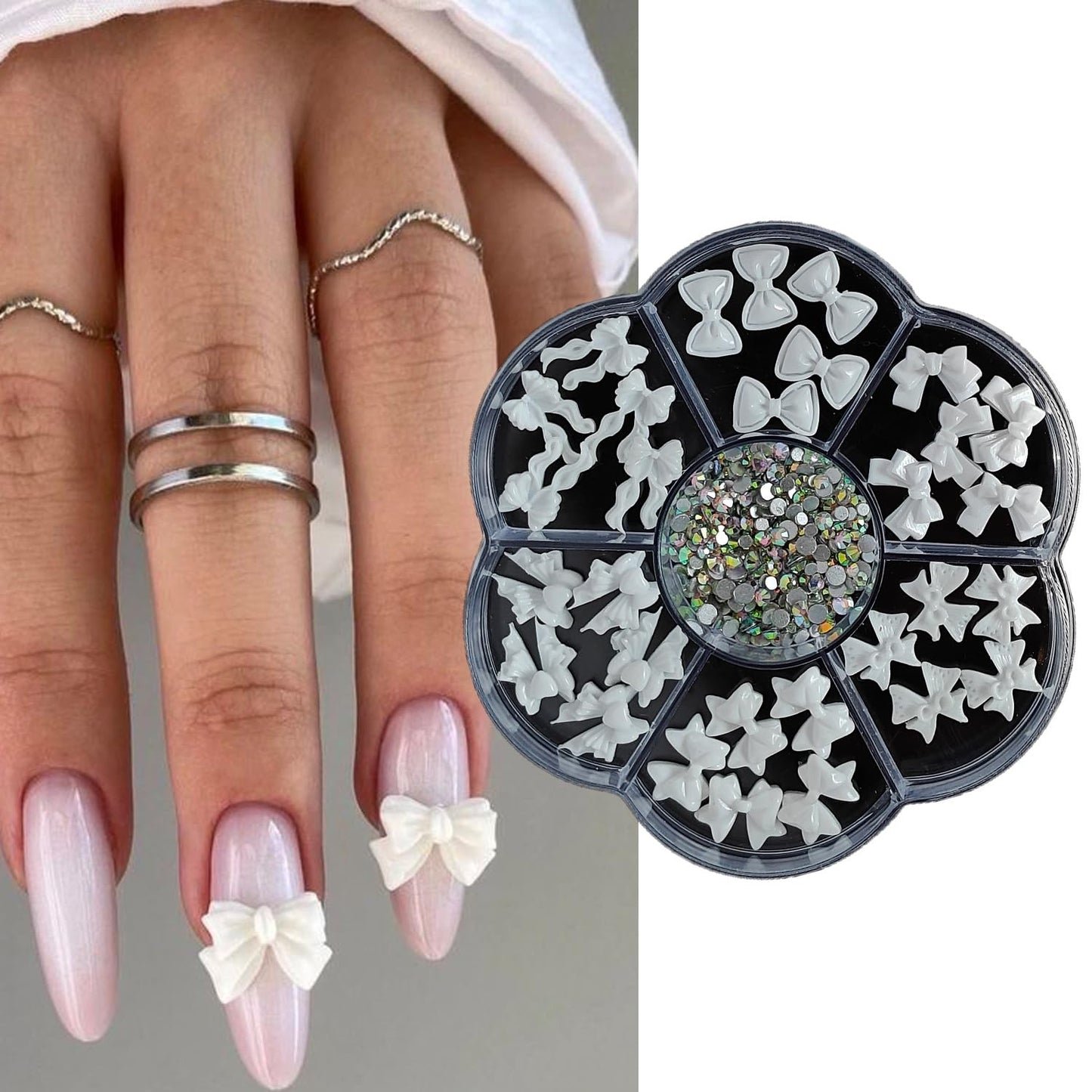 S.A.V.I 3D White Bow Nail Art Charms Set with 7-Section Box (8.3 cm) | Resin Bowknot & AB Flat-Back Rhinestones | Glossy DIY Nail Accessories for Salon & Home Use