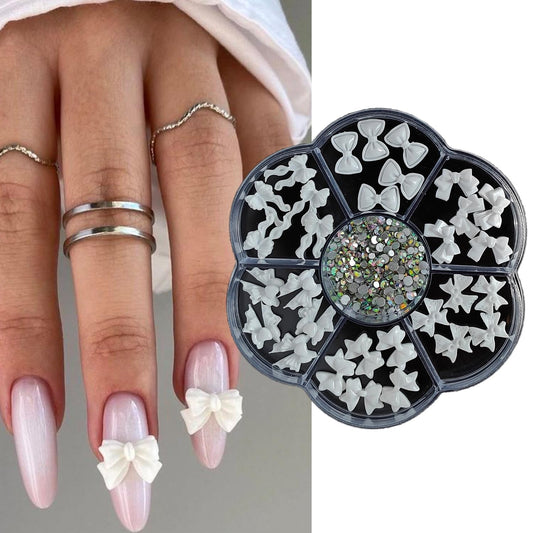 S.A.V.I 3D White Bow Nail Art Charms Set with 7-Section Box (8.3 cm) | Resin Bowknot & AB Flat-Back Rhinestones | Glossy DIY Nail Accessories for Salon & Home Use