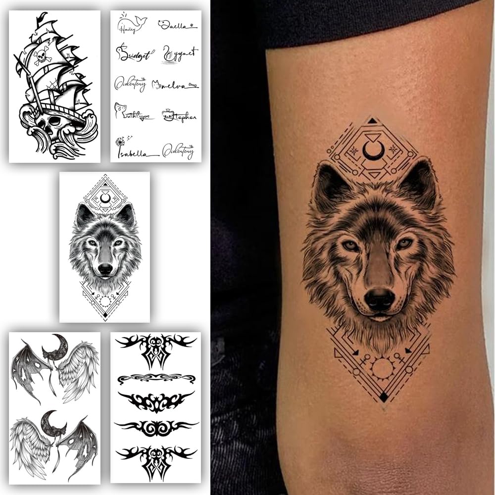 S.A.V.I 5 Sheets Temporary Tattoos for Men  Women | Pirate Ship, Angel Wings, Wolf, Tribal Designs  Stylish Fonts | 10.5x6cm Waterproof Tattoo Stickers | Easy Application  Removal