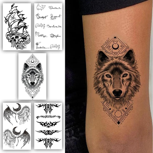 S.A.V.I 5 Sheets Temporary Tattoos for Men  Women | Pirate Ship, Angel Wings, Wolf, Tribal Designs  Stylish Fonts | 10.5x6cm Waterproof Tattoo Stickers | Easy Application  Removal