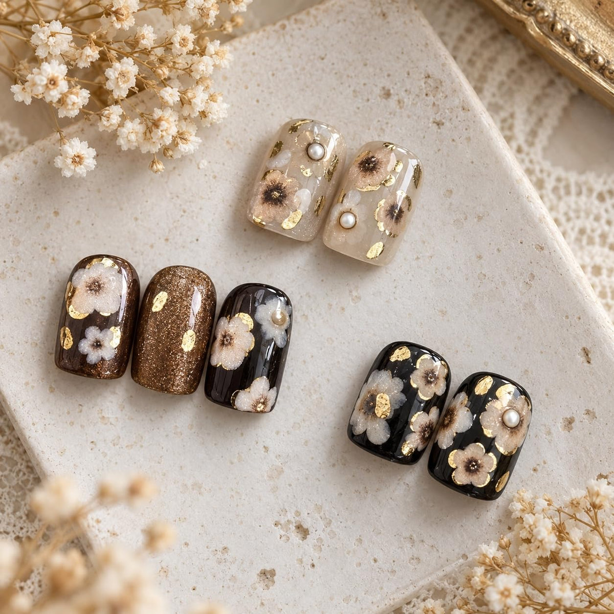 S.A.V.I 3D Floral Nail Art Stickers Self Adhesive Decals, 2 Sheets | White & Coffee Blossoms, Metallic Gold Detailing, Pearl Accents, DIY Manicure, 7 x 9 cm
