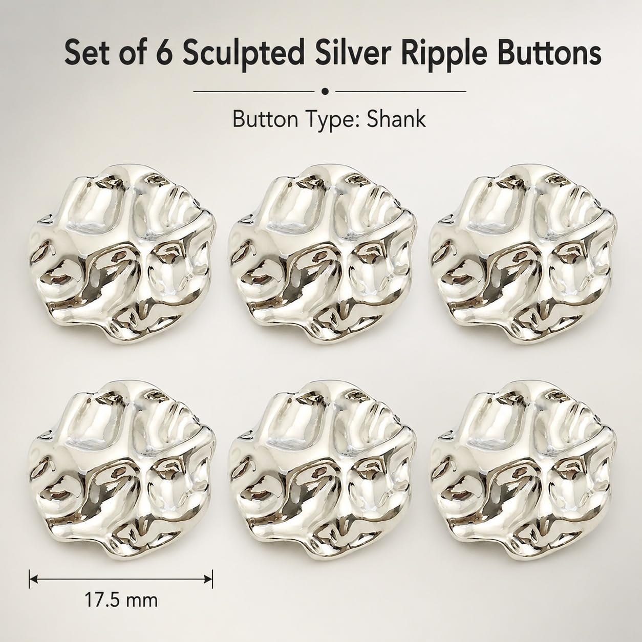 S.A.V.I Ripple Design Shank Buttons for Sewing 17.5mm Silver Tone | Set of 6, For Cardigans & Jackets, Sculpted Fasteners, DIY Crafts & Knitting, Blazers & Sweaters