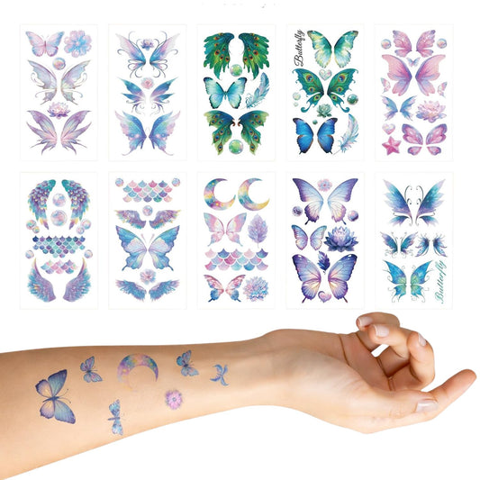 S.A.V.I 10 Sheets Butterfly Temporary Tattoos for Girls & Women, Multicolor Purple Blue Floral Moon Designs (6.8x12 cm), Waterproof Non-Toxic Body Art for Hand Arm Shoulder Ankle (#330)