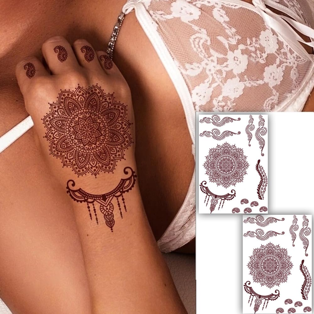 S.A.V.I 2 Sheets Mehendi Tattoo Stickers Waterproof Henna for Women, 21x15cm, Natural Color