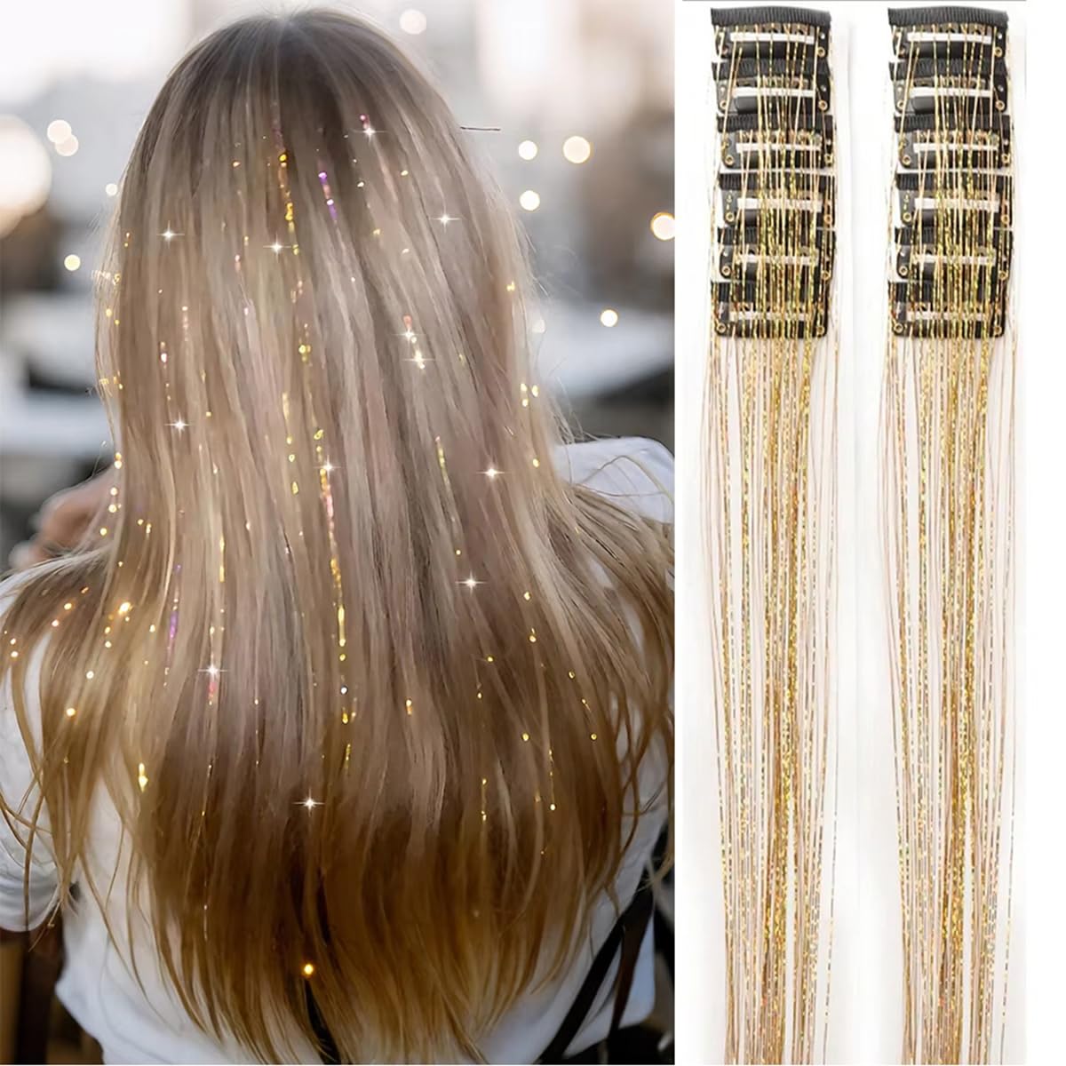S.A.V.I Gold Clip-In Hair Tinsel Extensions 12 Pcs, 50cm Glitter Fairy Hair Strands, Reusable Synthetic Shimmer Highlights, Metallic Sparkle Hair Accessory for Women, Girls & Party Styling