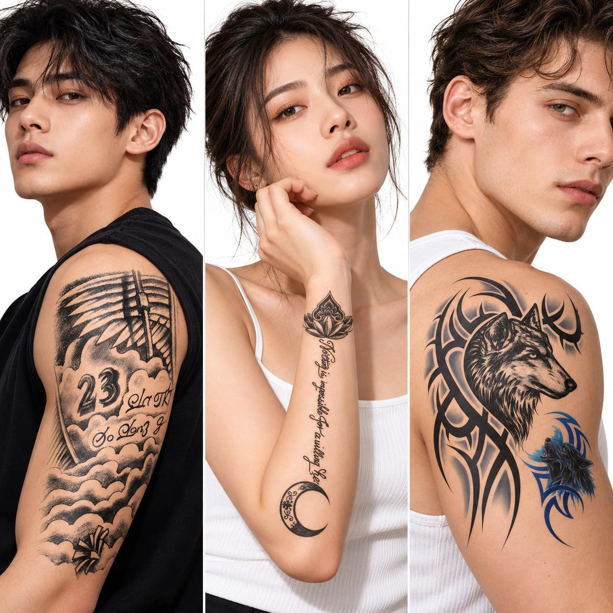 S.A.V.I Temporary Tattoo Stickers Black Wolf Moon Script Cloud 15x21cm