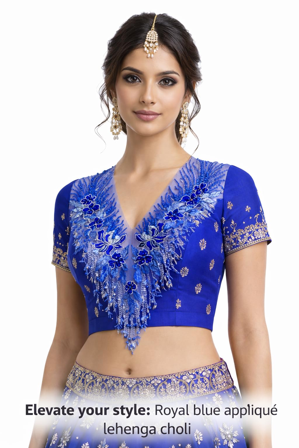 S.A.V.I Royal Blue Floral Appliqué Patch 28 x 55 cm | V Neck Triangle Design | Net Mesh Beaded Lace Motif for Blouse, Lehenga Choli, Anarkali & Gown (Royal Blue)