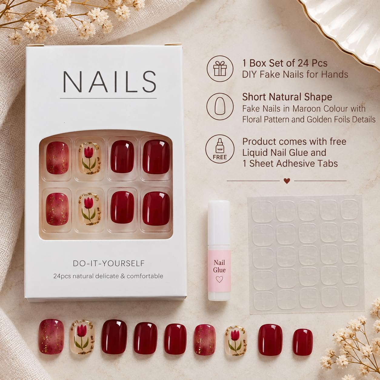 S.A.V.I Press on Nails Short Maroon Tulip Floral 24 Pcs | Reusable Glossy Manicure Kit with Glue, Adhesive Tabs, Tulip Art, Natural Fit for Women