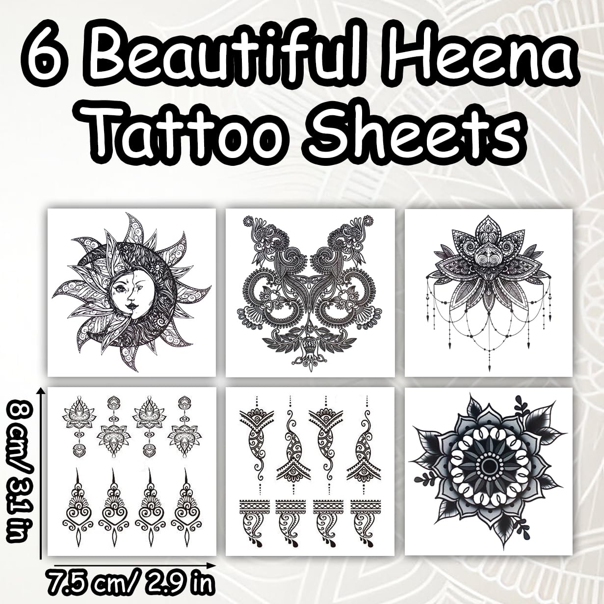 S.A.V.I 6 Sheet Black Heena Style Temporary Tattoo for Women & Girls | Waterproof Mehndi Body Art Stickers | Safe Non-Toxic | Indian Intricate Designs for Hands, Arms, Fingers (8x7.5 cm) (5)
