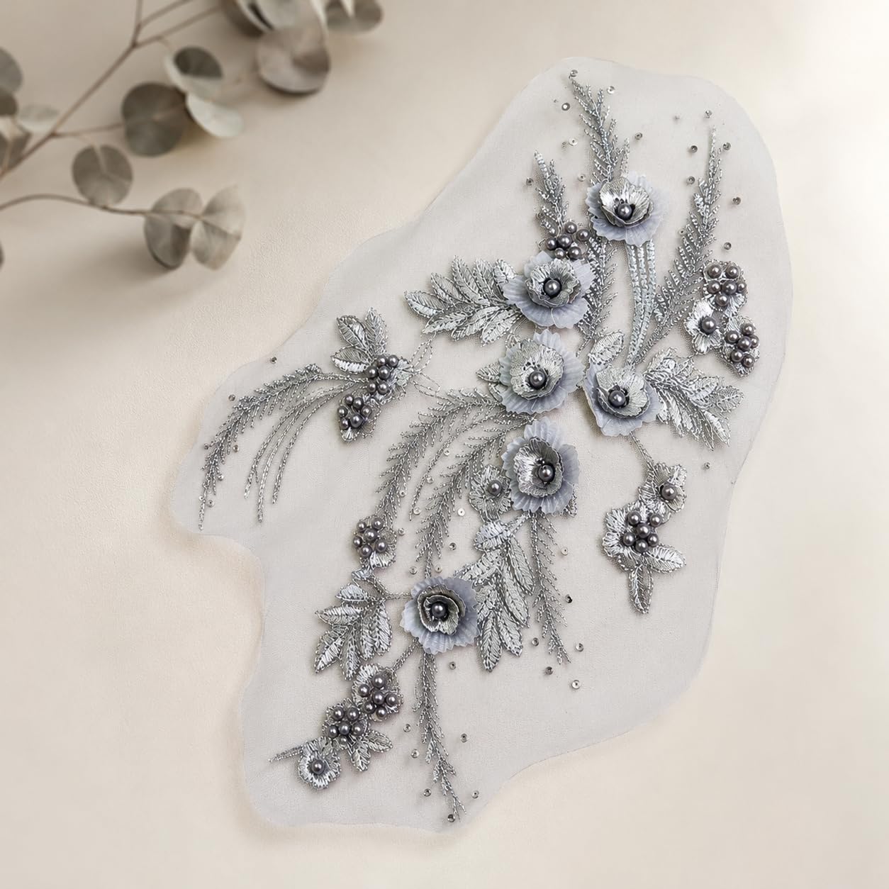 S.A.V.I Floral Embroidery Patch with Pearls Grey Silver 34x25cm|Sew-On Applique, DIY Craft & Bridal, Premium Mesh Design, 1 Piece, For Saree Gown Kurti