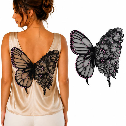 S.A.V.I Butterfly Embroidery Applique Patch Black Mesh Rhinestone Sew-On|Ultra Thin 35x32 cm Floral Lace Design for Kaftan, Dress, Blouse & Tops, Lightweight Decorative Craft Embellishment for Women