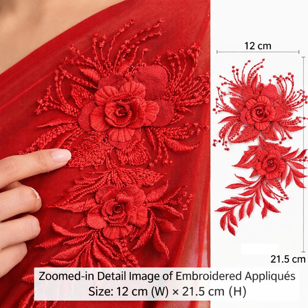 S.A.V.I Red Floral Embroidered Appliqué Sew On Patch, 3D Rose Design on Mesh Fabric, 12 x 21.5 cm Decorative Craft & Garment Embellishment for Dress, Kurti, Blouse