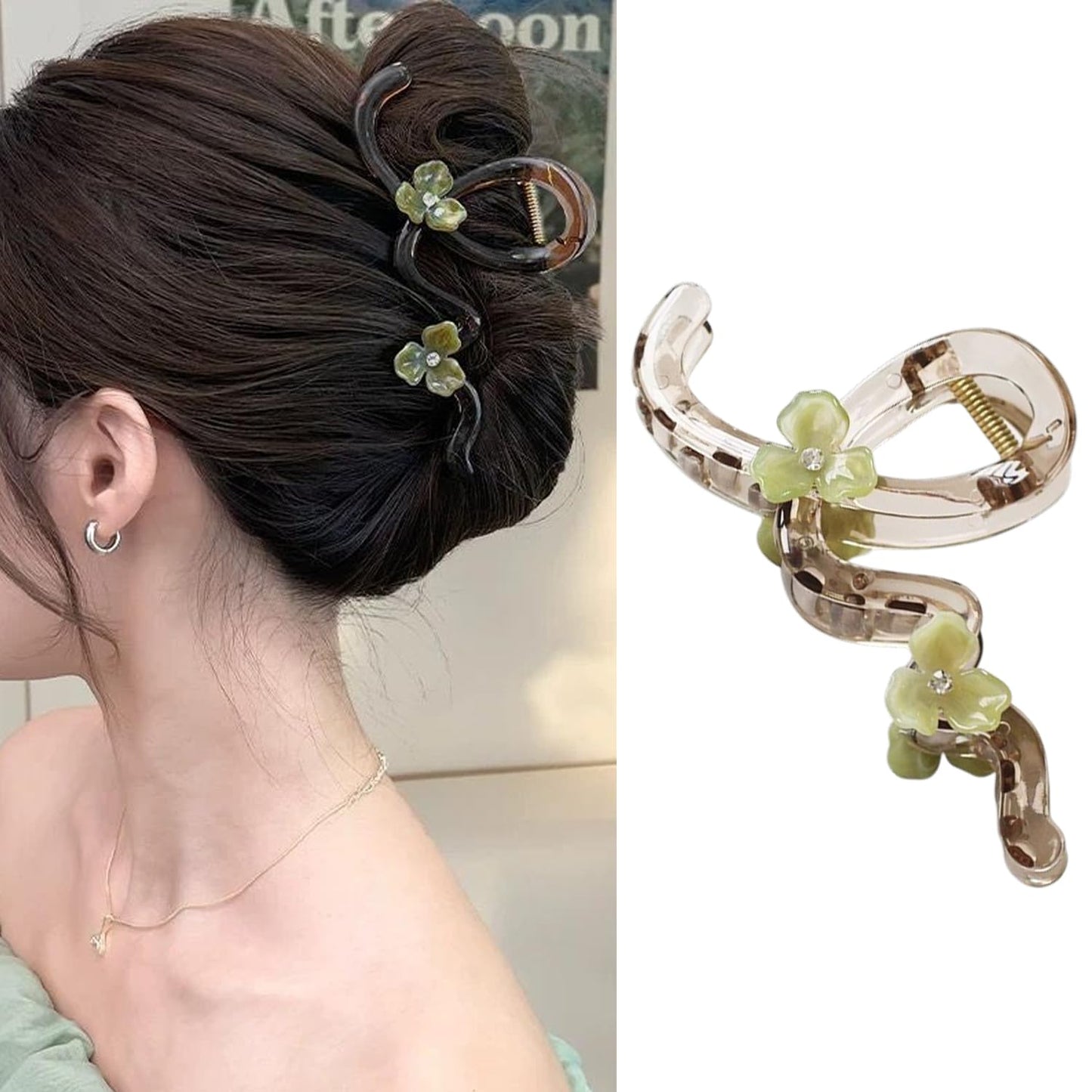 S.A.V.I Large 14 cm Acrylic Hair Claw Clip for Women, Transparent Grey Clutcher with Green Floral Design, Strong Grip for Thick Hair Bun, Stylish Wavy Hair Accessory for Daily