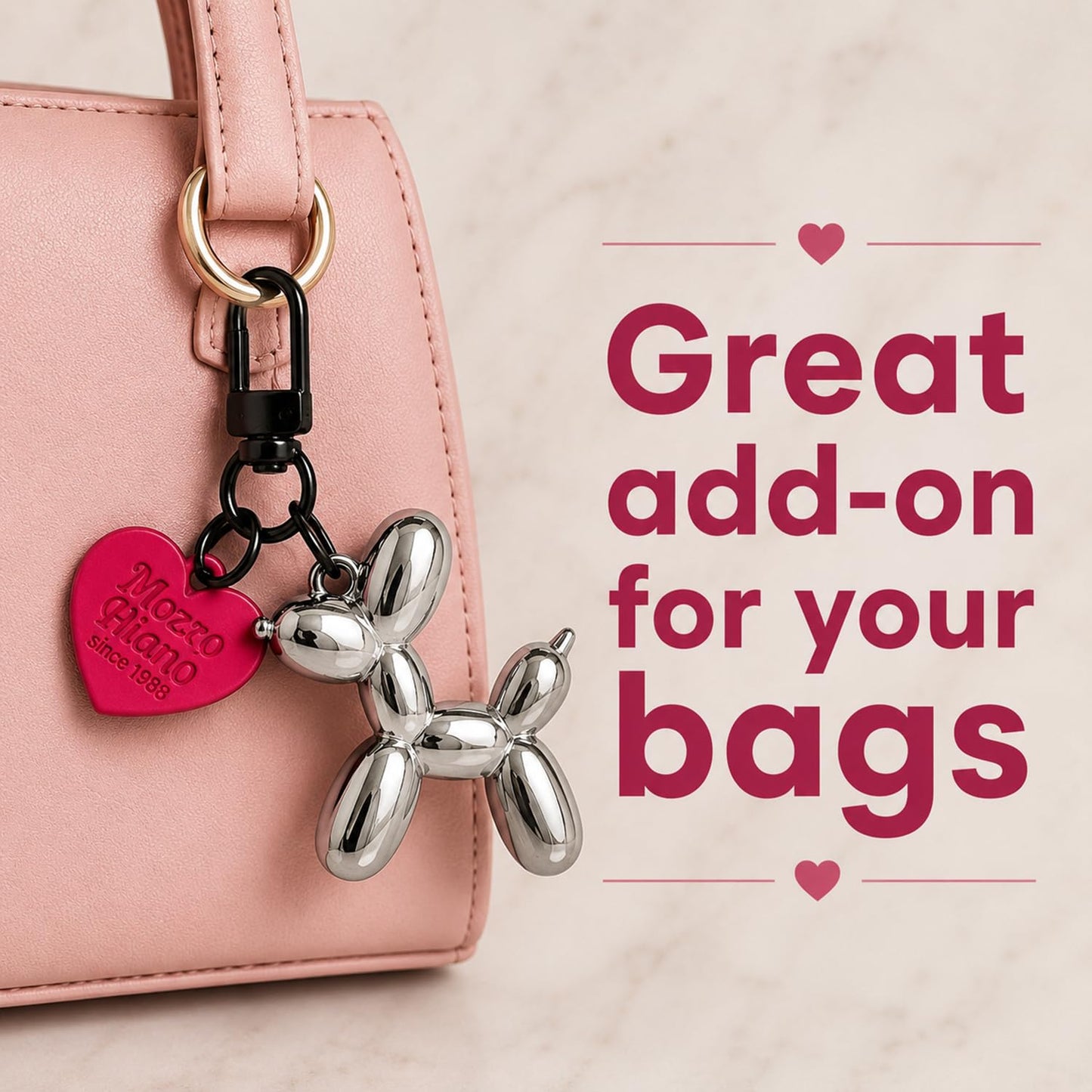 S.A.V.I Balloon Dog Keychain Acrylic Bag Charm Cute Key Ring for Women, Gunblack finish with pink heart charm, 8x4 cm, swivel clasp, lightweight accessory for handbags, backpacks & gifting.