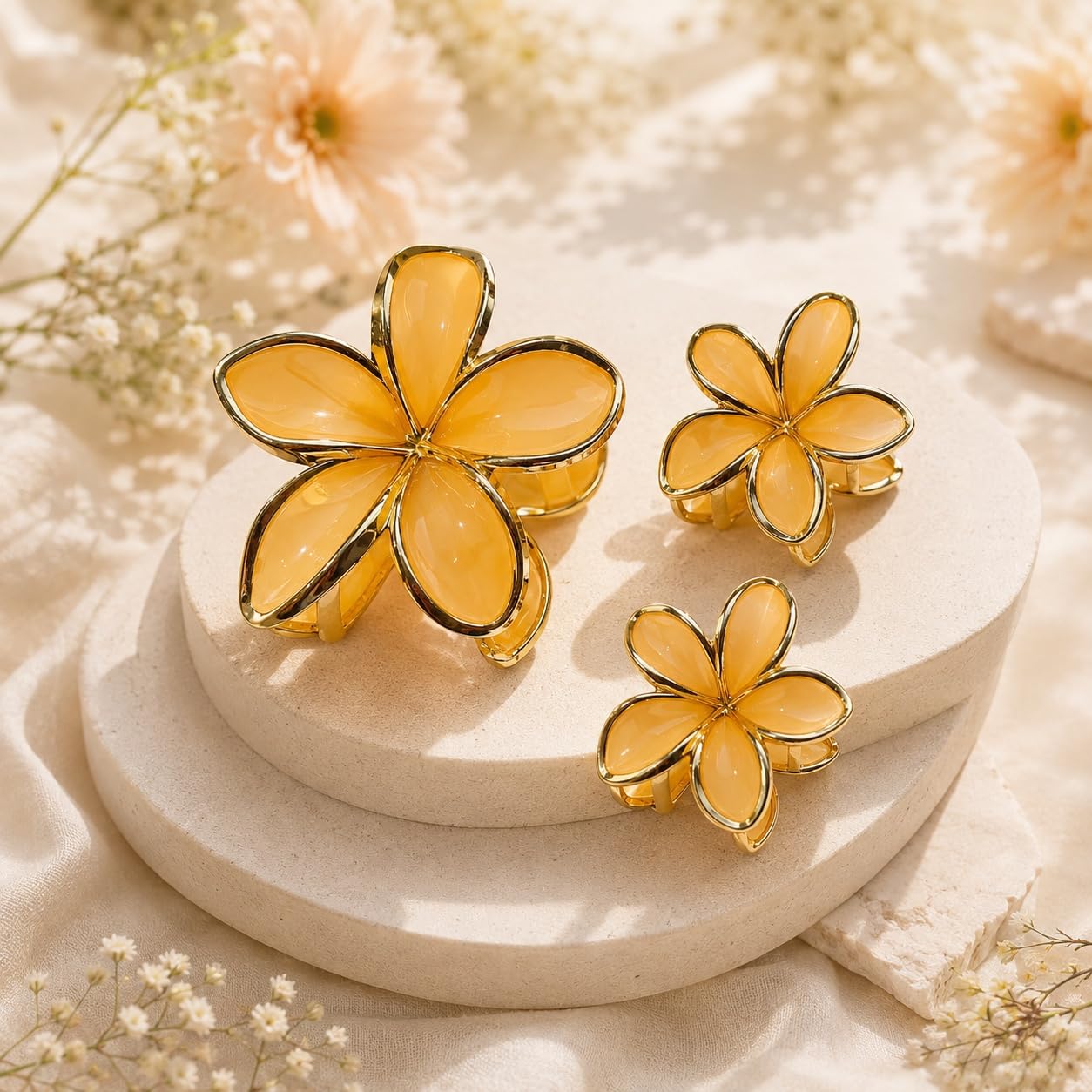 S.A.V.I Floral Hair Claw Clips in Light Orange, Set of 3 | 1 Large + 2 Small, Resin Finish, Strong Grip, All Hair Types, Party & Casual Wear