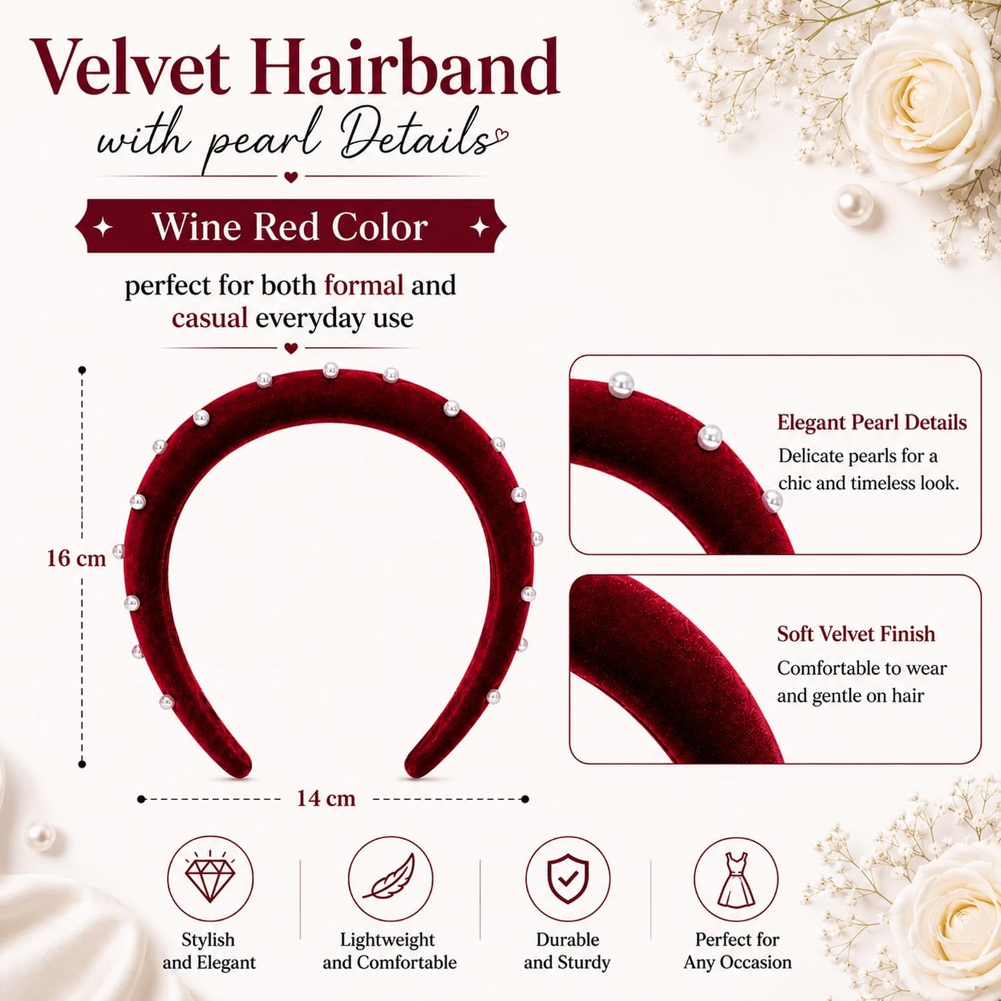 S.A.V.I Velvet Pearl Hairband for Women Wine Red, 16x14 cm, Soft Fabric Finish, Lightweight Wide Headband for Girls, Casual, Party & Wedding, Comfortable All-Day Fit