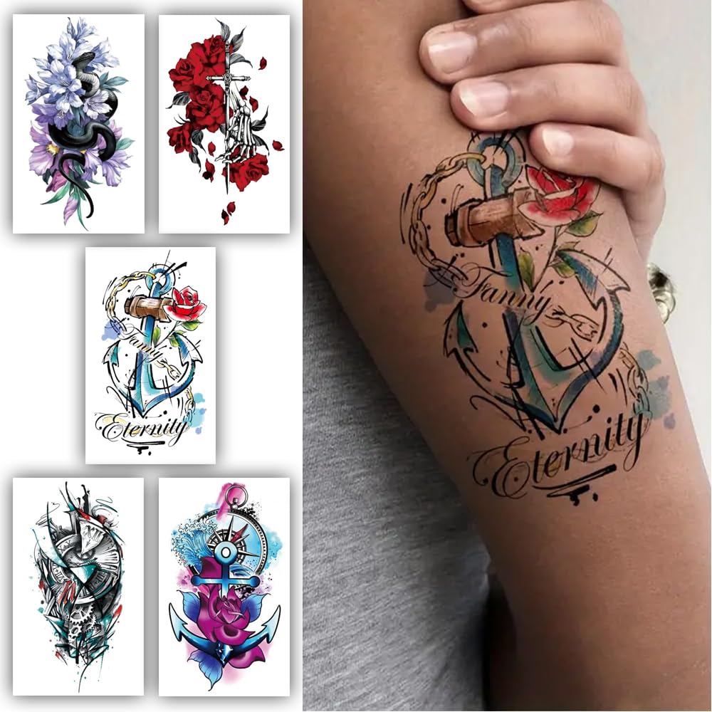 S.A.V.I Temporary Tattoos for Adults - 5 Waterproof  Long-Lasting Sheets (10.5x6cm) - Floral, Anchor,  Artistic Designs - Easy to Apply, Skin Safe, Perfect for Parties  Events