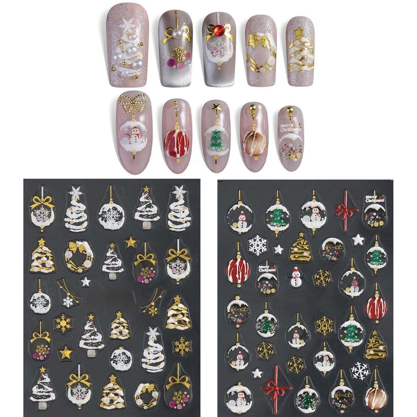 S.A.V.I 2 Sheets - 3D Christmas Nail Art Stickers Self-Adhesive Resin Decals in Gold White Red Green, Snowman Tree Bauble Designs, Festive DIY Manicure Decor for Women