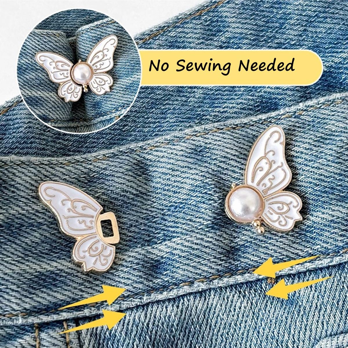 S.A.V.I 2 Pcs Butterfly Pant Waist Tightener Clip, No Sew Adjustable Button for Loose Jeans Dresses Skirts, White Pearl Metal Waist Buckle, Lightweight Perfect Fit (3cm x 2.5cm)