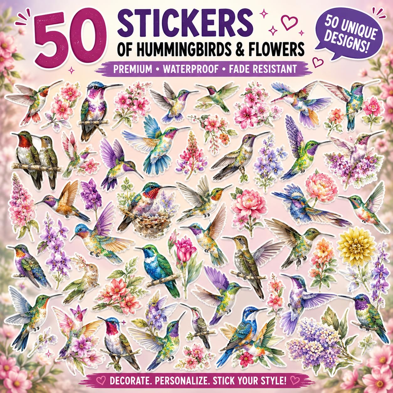 S.A.V.I 50 Pcs Hummingbird Floral Stickers Set, Waterproof Vinyl Decals